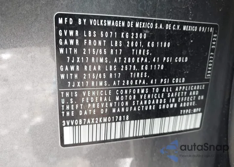 2019 Volkswagen Tiguan 2.0T S from USA, damaged, VIN 3VV0B7AX2KM017818